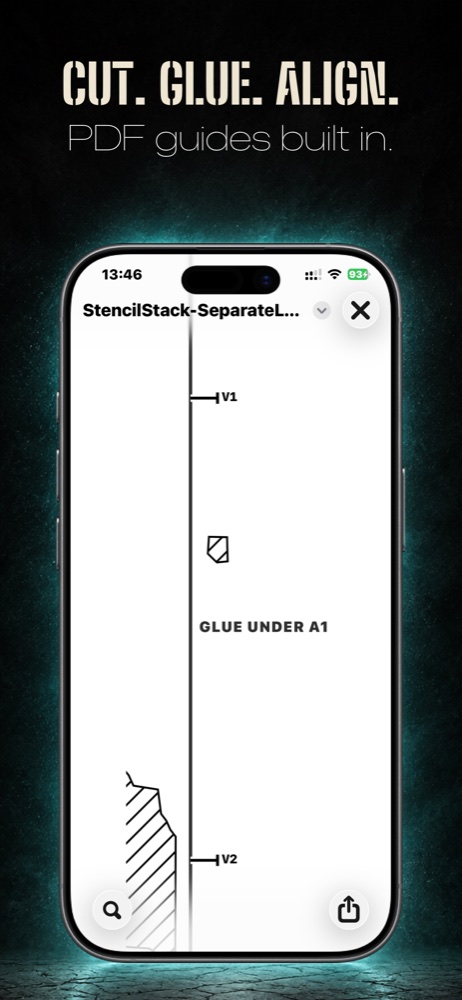 StencilStack PDF showing built-in cut, glue and alignment guides
